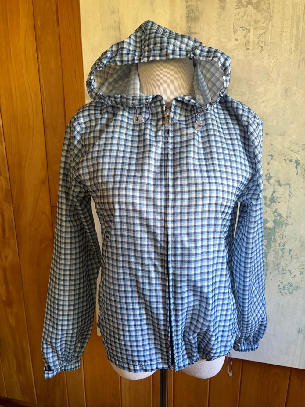 L.L.Bean Blue Check Plaid Hooded Zip Jacket Windbreaker Lightweight Sz XS Preppy